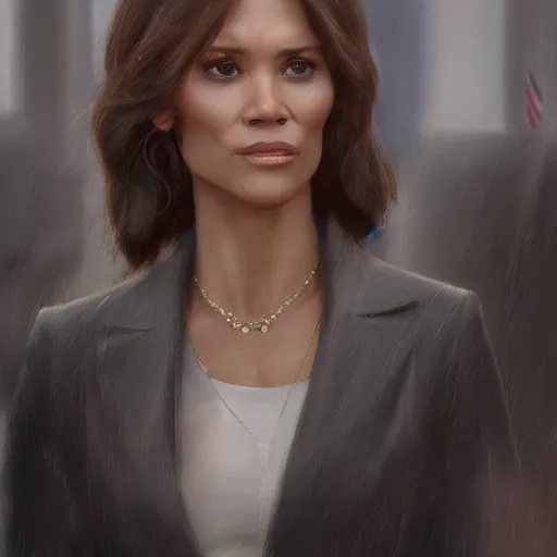 Image similar to maci holloway in a political meeting, first woman elected as president in usa, cold but beautiful, about 3 5 years old, highly detailed, mix of halle berry and julia roberts, gong li, olga kurylenko, artstation hd, deviantart, by artgem, greg rutkowski