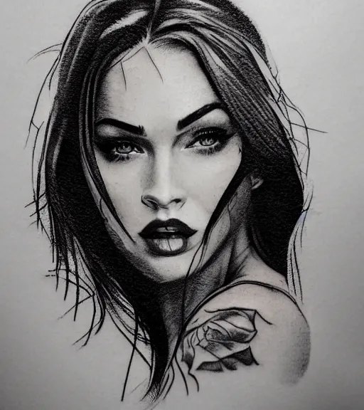 Image similar to realism tattoo sketch of a megan fox face in a double exposure effect with mountain scenery, in the style of matteo pasqualin, amazing detail, sharp, faded