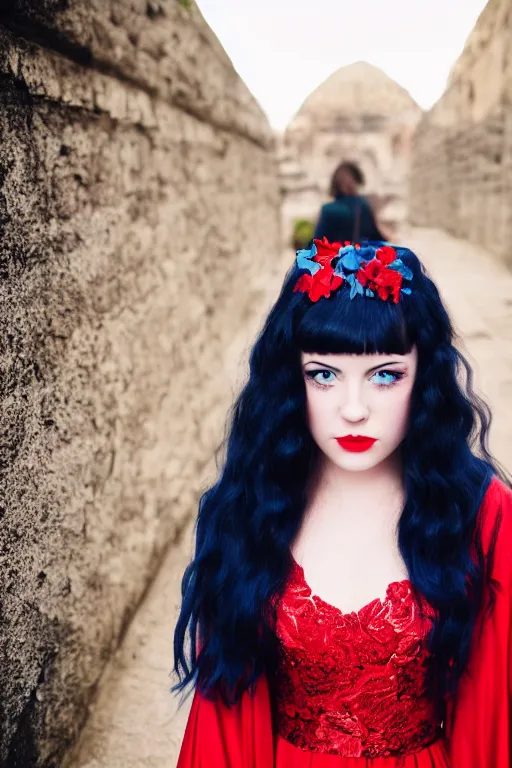 Prompt: Portrait of a girl in a long red gown with floral print black hair and blue eyes standing in an ancient city. Photography, Nikon, Cannon, Cinematic colour grading, 35mm, f/1.4