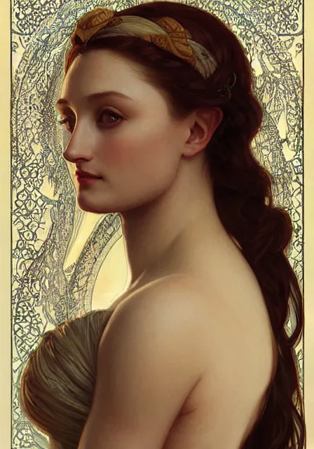 Prompt: tall pregnant sansa, intricate, elegant, highly detailed, digital painting, artstation, concept art, smooth, sharp focus, illustration, art by artgerm and greg rutkowski and alphonse mucha and william - adolphe bouguereau