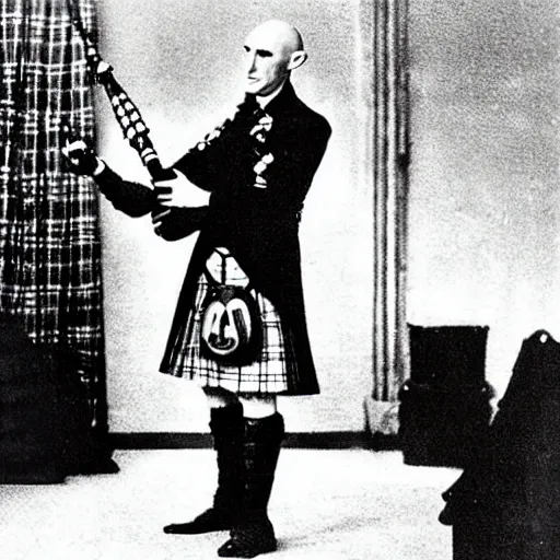 Prompt: beautiful count orlok in a kilt playing bagpipes