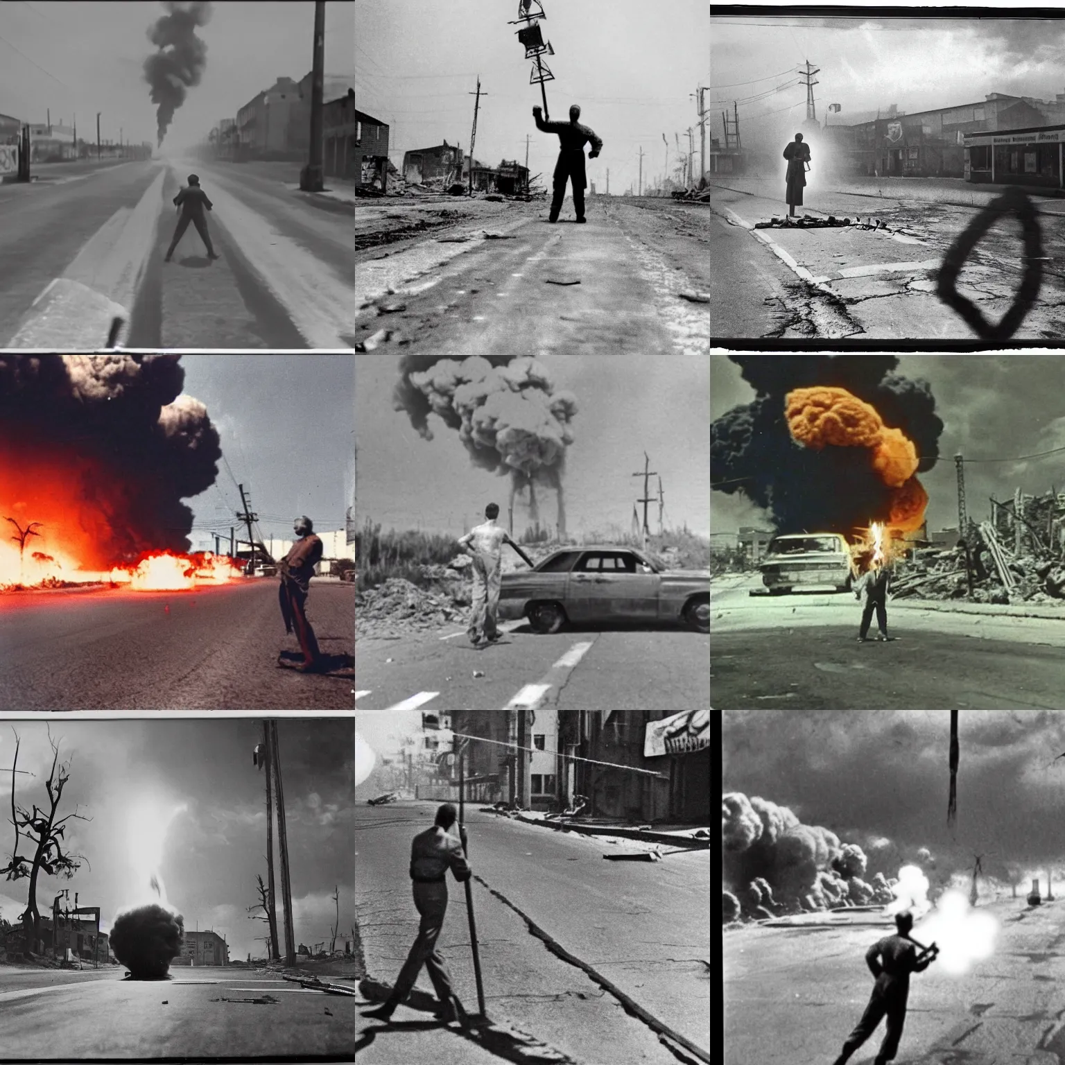 Prompt: a man hits a stationary atomic bomb which is standing in the middle of the road using a crowbar, ingame footage