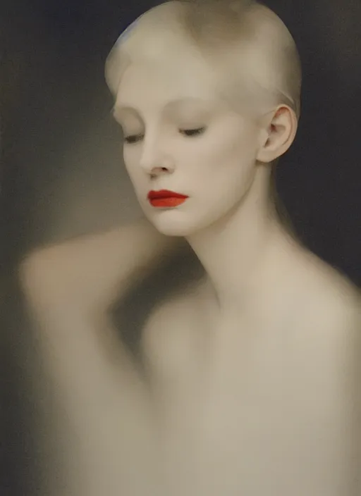 Image similar to out of focus photorealistic portrait of a beautiful!!! aesthetic!!! pale young woman by sarah moon, very blurry, translucent white skin, closed eyes, foggy