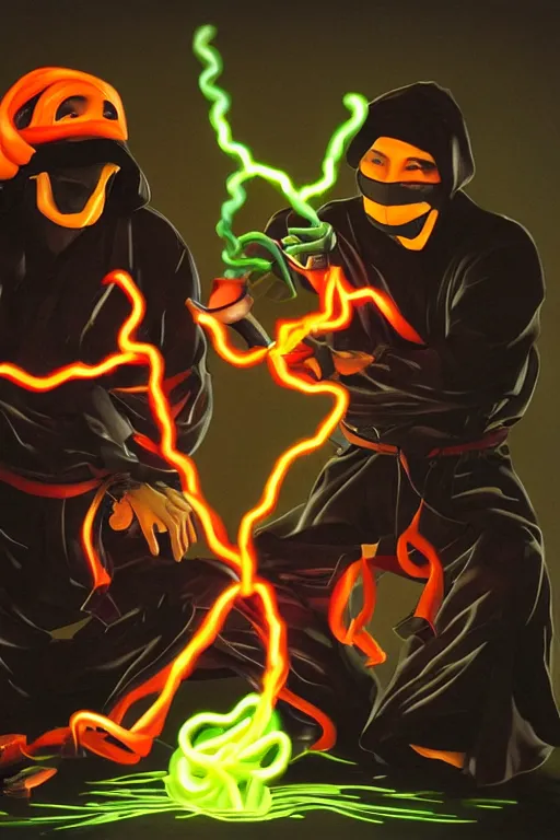 Image similar to a hyperrealistic portrait of two ninjas opening a can of glowing worms and drinking fluorescent liquid , 8k