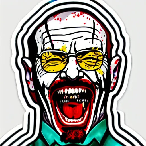 Prompt: die cut sticker, walter white laughing like the joker, splatter paint