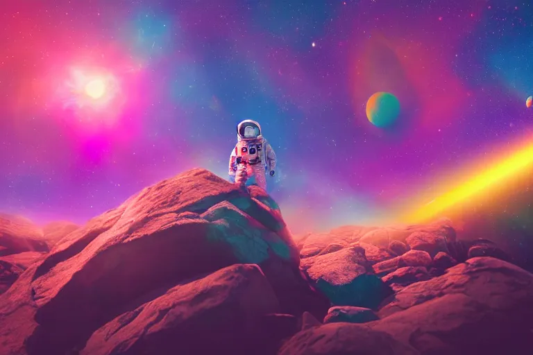 Image similar to Wide shot of a colorful astronaut sitting on a rock in space designed by Lisa Frank, lonely, glows, cinematic lighting, ambient light,