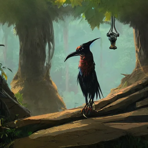 Image similar to concept art painting of an anthropomorphic crow person with steampunk clothes, in the deep forest, realistic, detailed, cel shaded, in the style of makoto shinkai and greg rutkowski and james gurney