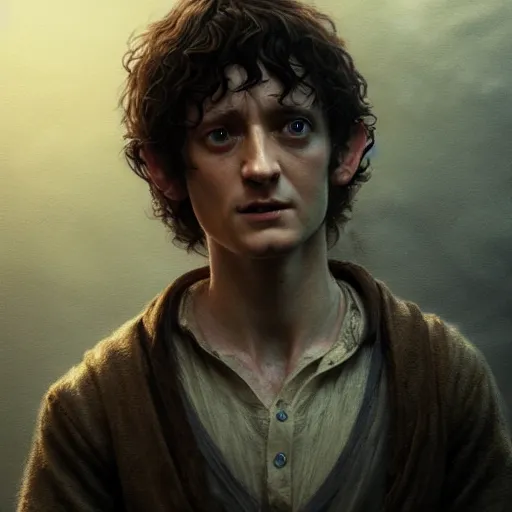 Image similar to selfie of frodo, fine detailed face, long curly hair, stunning 3 d render inspired art by greg rutkowski and xiang duan and thomas eakes, realistic, highly detailed attributes and atmosphere, dim volumetric cinematic lighting, 8 k octane detailed render, post - processing, masterpiece