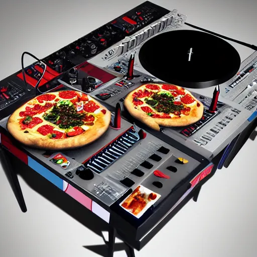 Image similar to album cover of a DJ table with pizza's for vinyl's, realistic, 16k, trending on artstation