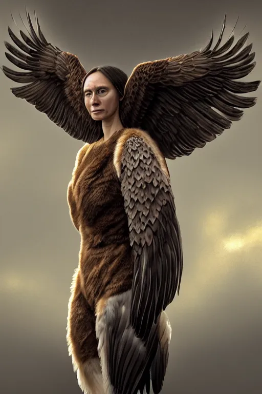 Image similar to epic professional digital art of female human - eagle hybrid animal, sitting and wearing human air force jumpsuit, humanoid feathered head, eagle beak, by reyna rochin, ignacio fernandez rios, leesha hannigan, wayne haag, artstation, cgsociety, epic, much wow, much detail, gorgeous, detailed, cinematic, masterpiece