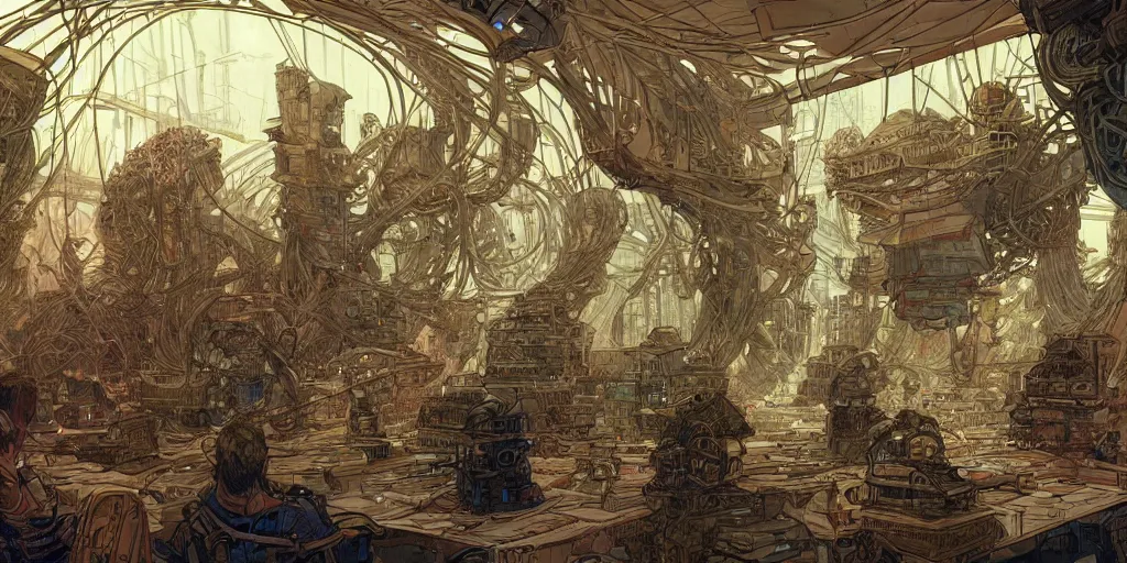 Image similar to incredible concept art of multiple plots and threads interweaving into a holodeck like structure, audience, cinematic, cinema, amazing detail, by moebius and mohrbacher,