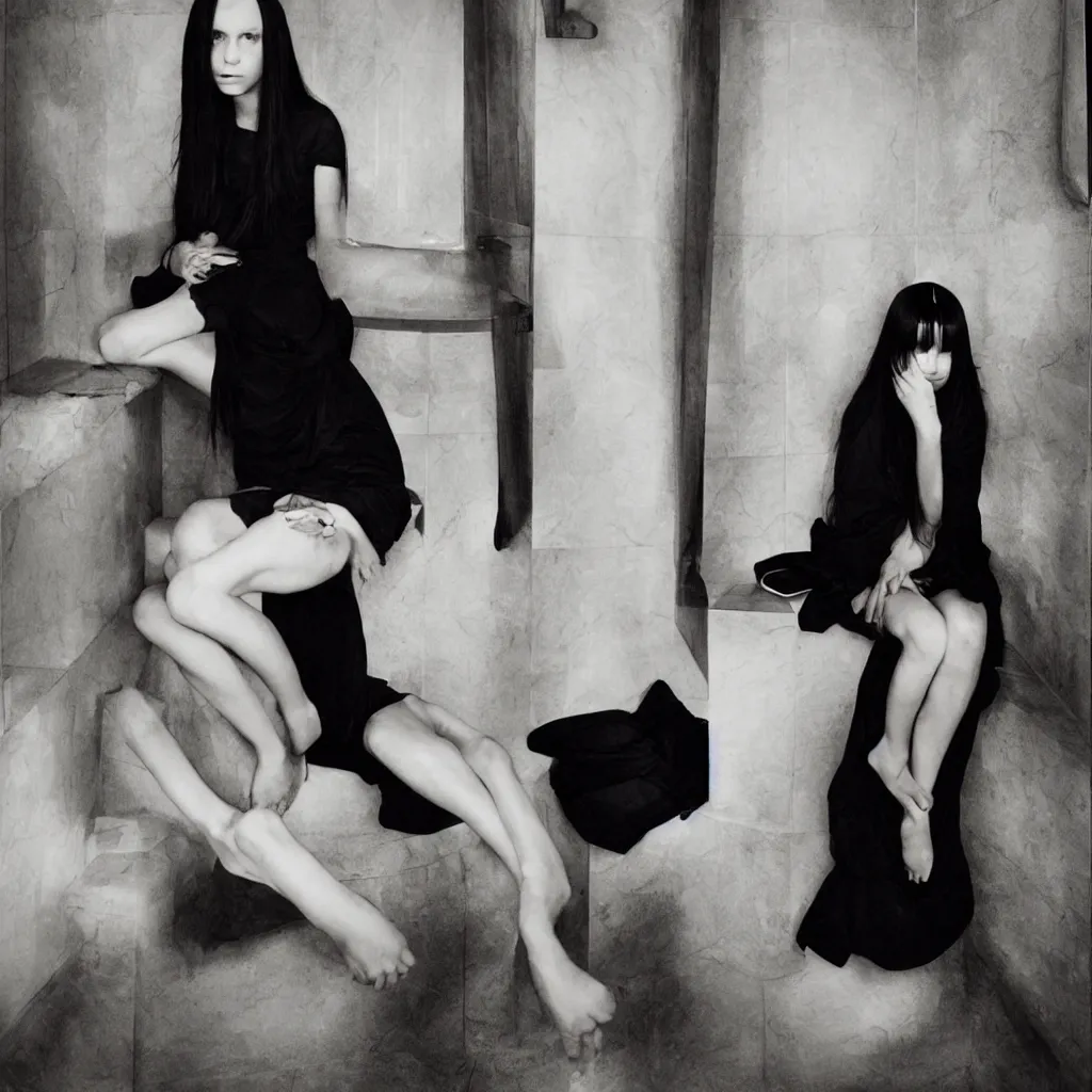 Image similar to a young girl with straight long black hair wearing black dress and sitting on bathroom floor, art by artgem with help of mario testino and vanessa beecroft