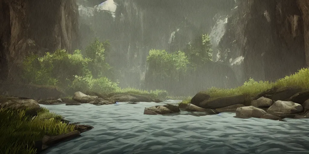 Image similar to A wild river with mountains and forests surrounding it. In the style of game called inside. Detailed