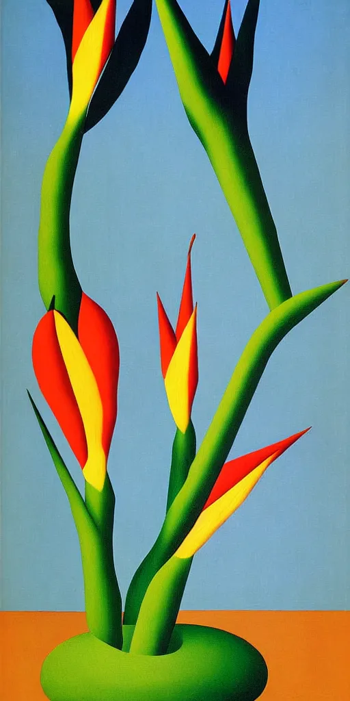 Image similar to geometric painting of birds of paradise by rene magritte