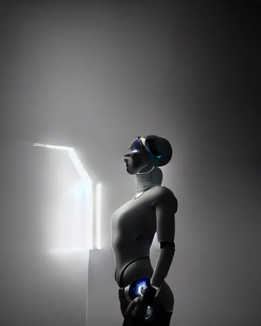 Image similar to black and white high quality photo of a beautiful female AI cyborg looking into a sci-fi mirror, volumetric lighting, liminal space, brutalism, foggy, dreamy, hyperdetailed, bokeh, photorealistic, cinematic, masterpiece, Metropolis, elegant, dark, in the style of Horst P. Horst, octane render, 8K,