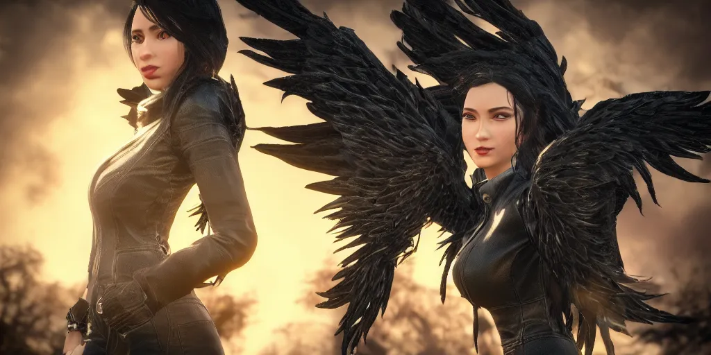 Prompt: a woman with black hair and a leather jacket with phoenix wings, character portrait, unreal engine 5, intricate, detailed, realistic, masterpiece