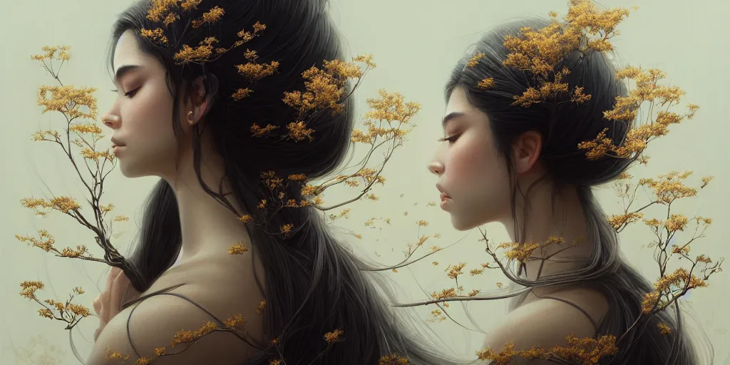 Prompt: madison beer with a branches growing from her head, alterd carbon, geisha, dreamy ethereal vibe,, atmospheric, detailed intricate render, fibbonacci, detailed illustration, hd, 4 k, digital art, overdetailed art, gold, surrealistic, by greg rutkowski, by loish, trending on artstation, deviantart