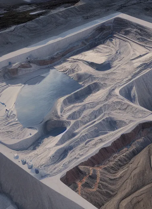 Image similar to bioremediation white hologram architecture, in the mining tailings of chuquicamata, epic, cinematic, hyperealistic, high detailed, corona render, hdr, ray tracing