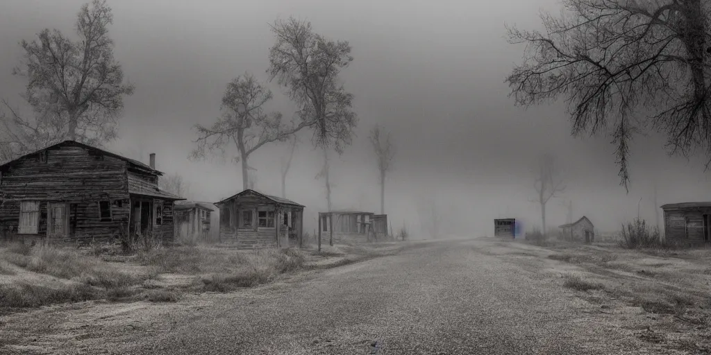 Prompt: Misty ghost town, with a dark shadow of a ghost