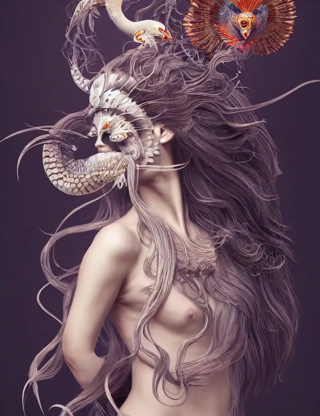 Image similar to 3 d goddess half - turn portrait with long hair with ram skull. beautiful intricately detailed japanese crow kitsune mask and clasical japanese kimono. betta fish, jellyfish phoenix, bio luminescent, plasma, ice, water, wind, creature, artwork by tooth wu and wlop and beeple and greg rutkowski