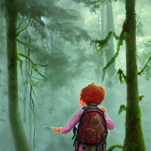 Image similar to detailed painterly portrait of a red - haired explorer girl kid with a backpack and a map, in the deep tangled, mossy, misty forest, lit by sunbeams, by loish, unreal 5