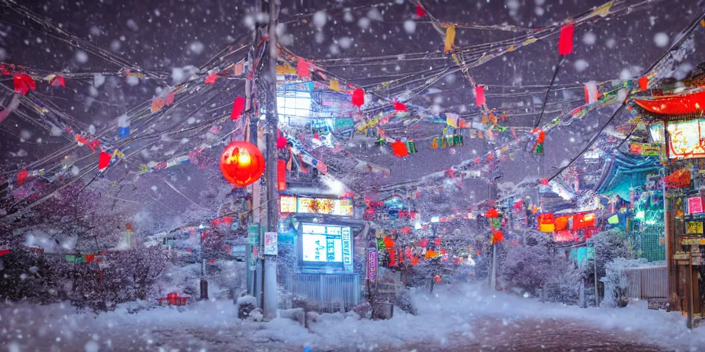 Image similar to a Japanese cyberpunk shrine, snowing, photograph,, sharp focus, intricate detail, high resolution, 8k, neon streetlights, wires hanging down everywhere, Japan, colourful, prayer flags