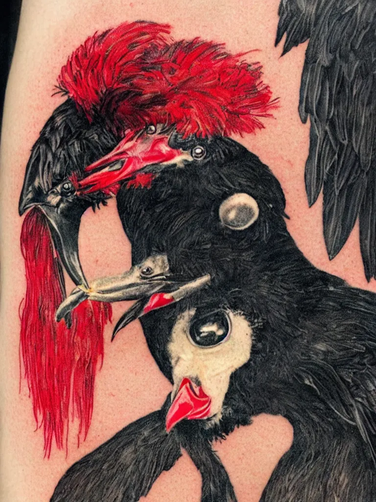 Prompt: close up portrait of a cute Black Chicken with a red comb, smoking, cybercannabis vibes, style of tattoo by Norman Rockwell