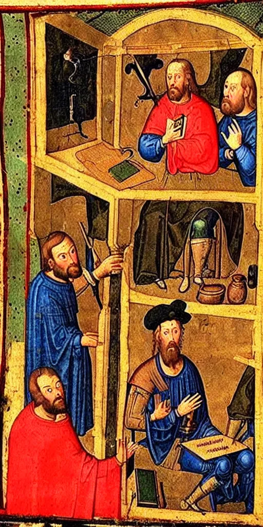 Image similar to a medieval painting of joe rogan podcasting, hosting Charle Magne as a podcast guess