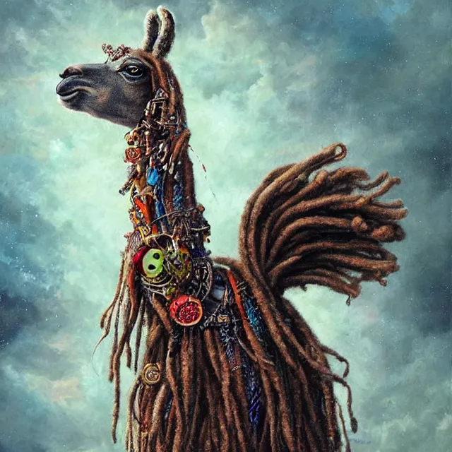 Image similar to llama with dreadlocks, by mandy jurgens, ernst haeckel, james jean. in the style of industrial sci - fi