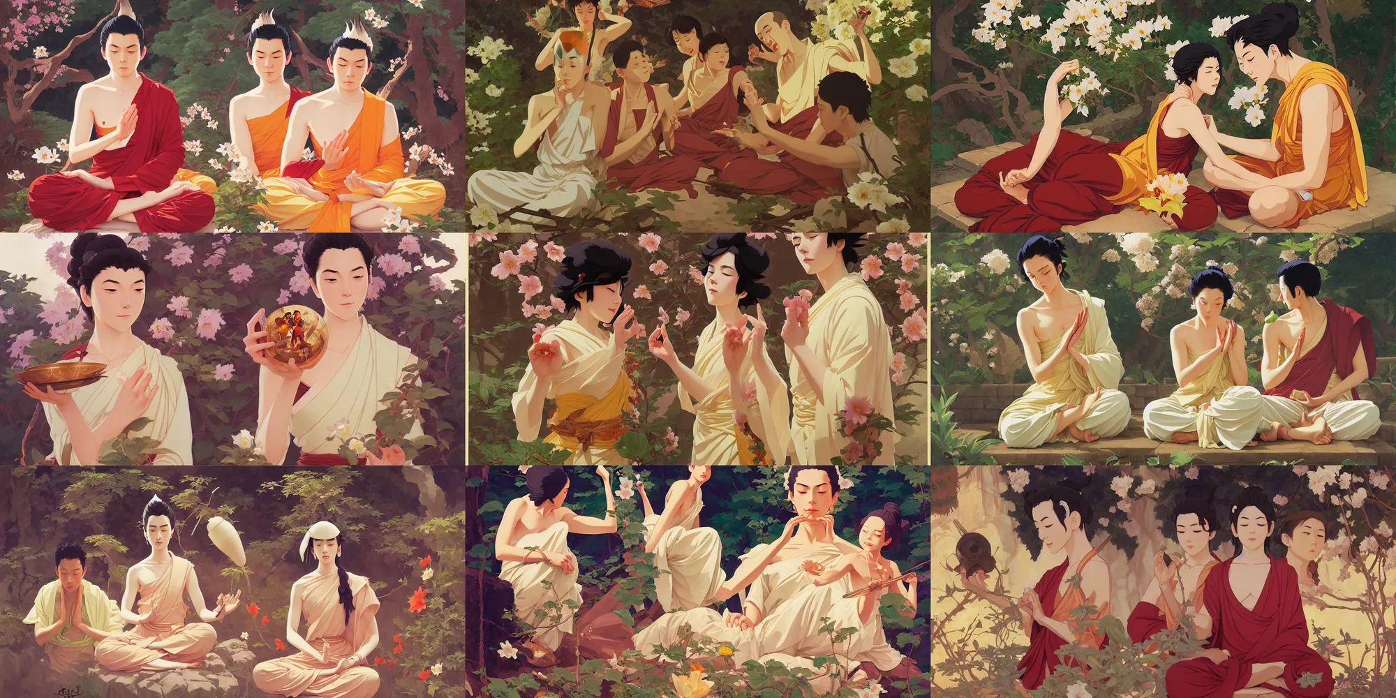 Prompt: buddhism, spring, in the style of studio ghibli, j. c. leyendecker, greg rutkowski, artem