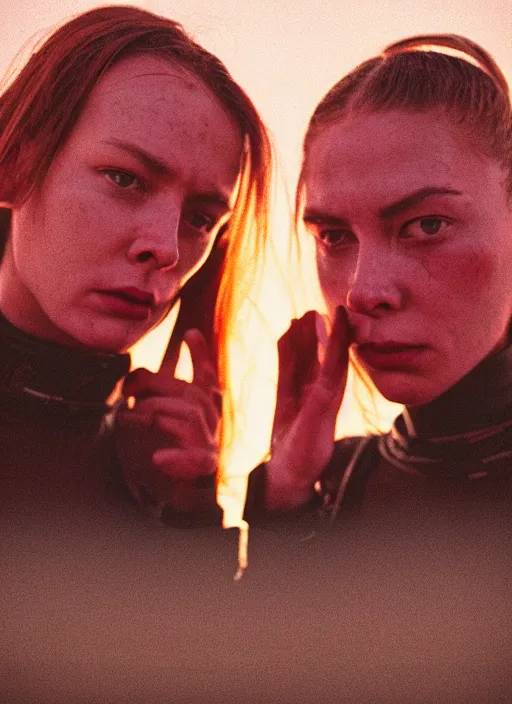 Image similar to cinestill 5 0 d photographic portrait of two loving female androids wearing rugged black techwear on a desolate plain with a red sky, extreme closeup, lizard on ground, cyberpunk style, in front of a brutalist dark metal facility, dust storm, 3 5 mm, 8 k, f / 3 2, high resolution, ultra realistic faces