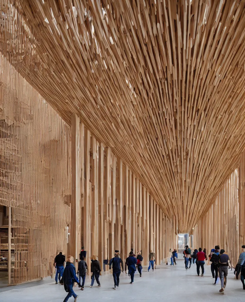 Image similar to a complex building, large wood joinery, dowels and pegs, people walking, architectural photography