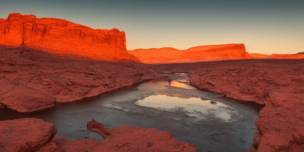 Prompt: a ground - level view of a river bend running through a canyon surrounded by desert mountains at sunset on mars, planet mars, moab, utah, a tilt shift photo by frederic church, trending on unsplash, hudson river school, photo taken with provia, national geographic photo