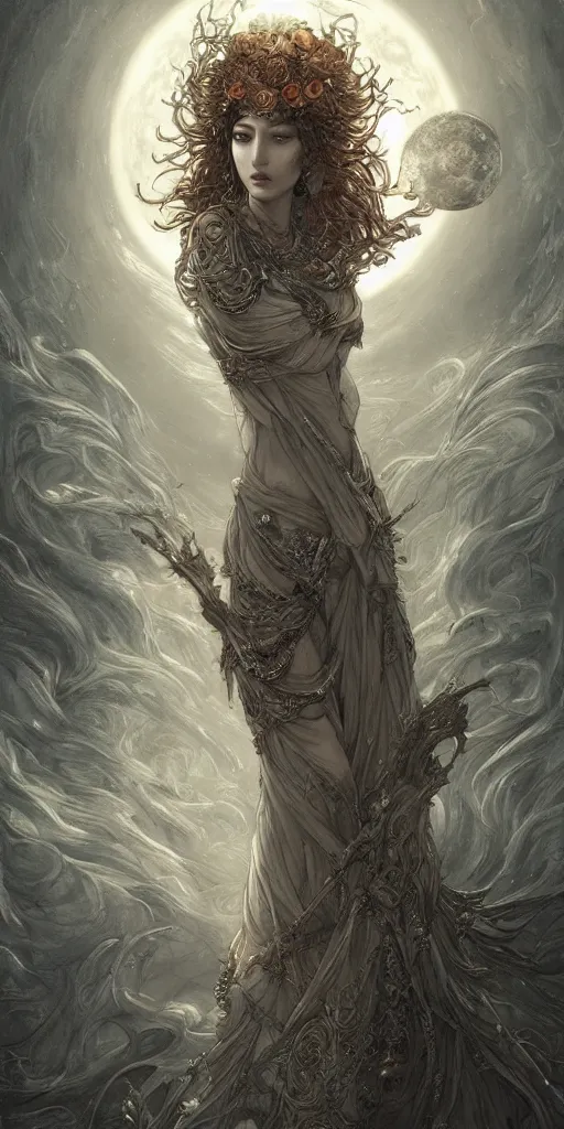 Prompt: goddess, masterpiece , cinematic, powerful, moon beams dramatic light, highly, intricate elements, hollow souls, detailed, digital painting, artstation, concept art, sharp focus, illustration, art by Kyoung Hwan Kim and Adrian Smith and Leonor Fini, john waterhouse