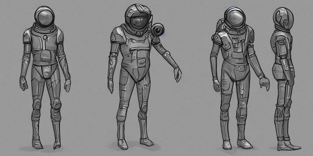 Prompt: male, fully body, elongated figure, space suit with a helmet, large shoulders, short torso, long thin legs, tiny feet, character sheet, digital sketch, hyperdetailed, dieselpunk, stylized character design, concept design