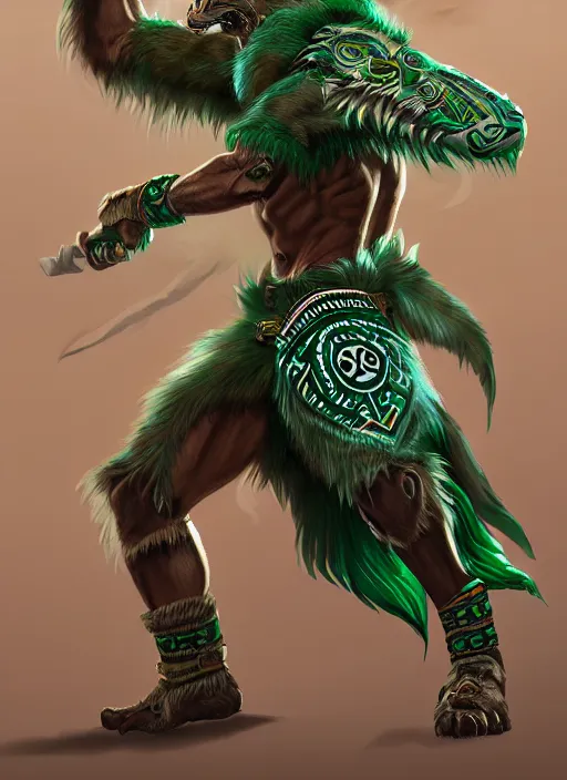 Image similar to a highly detailed illustration of fierce aztec tribal boy wearing green wolf mane, heroic roaring wielding aztec club pose, muscular, intricate, elegant, highly detailed, centered, digital painting, artstation, concept art, smooth, sharp focus, league of legends concept art, wlop