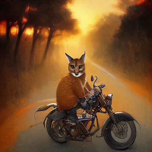 Image similar to cute fluffy caracal riding a harley motorcycle, road, sunset. adventurous, atmospheric lighting, stunning. by ted nasmith, gaston bussiere, craig mullins, j. c. leyendecker, rossdraws, james jean, andrei riabovitchev, marc simonetti, krenz cushart, trendig on artstation, digital art