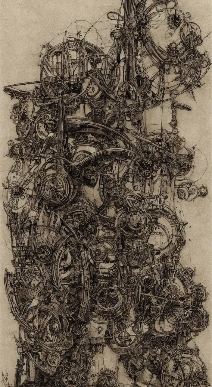 Image similar to Jean-Baptiste Monge and Alex Ross a artwork of leonardo da vinci sketches of steampunk machines