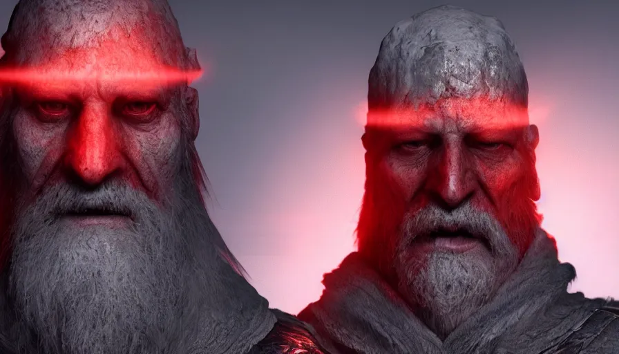 Prompt: a digital art portrait of an old pale warrior with glowing red eyes and grey beard character design from dark souls, old inquisition character sheet, 4 k, ultra detail, volumetric lighting, unreal engine, octane render