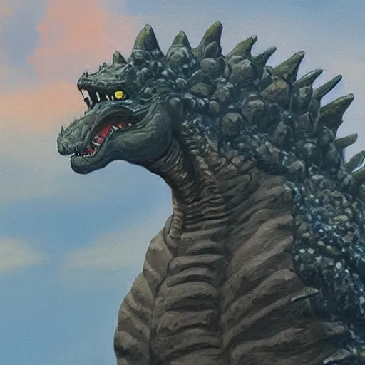 Image similar to paleoart painting of Godzilla in the style of Charles R. Knight