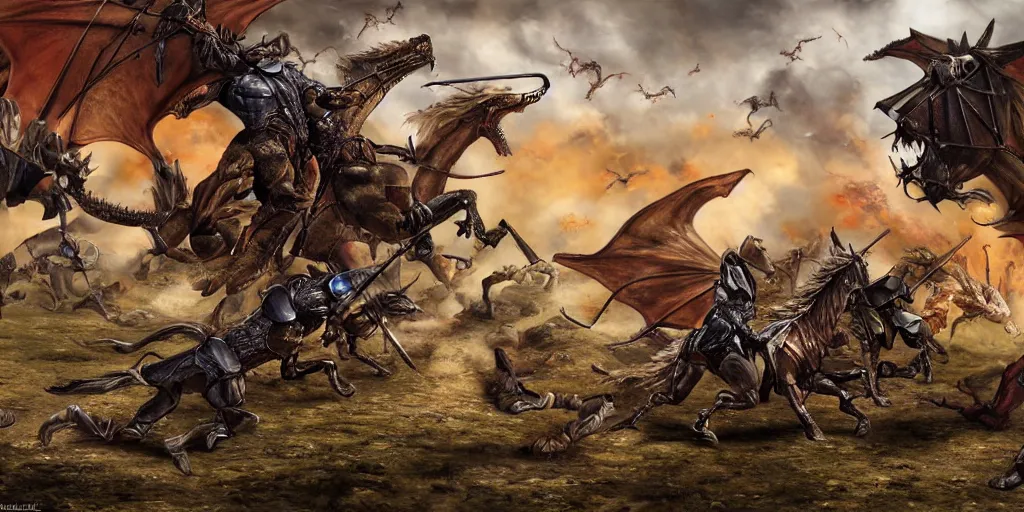 Prompt: detailed digital painting of a battle scene, mounted knights fighting against a dragon from the computer game master of magic ( 1 9 9 4 ), cinematic shot, very detailed, unreal engine, hyper realism, realistic shading, cinematic composition, blender render, octane render, hdr, detailed textures, photorealistic, very wide shot, 1 6 mm lens