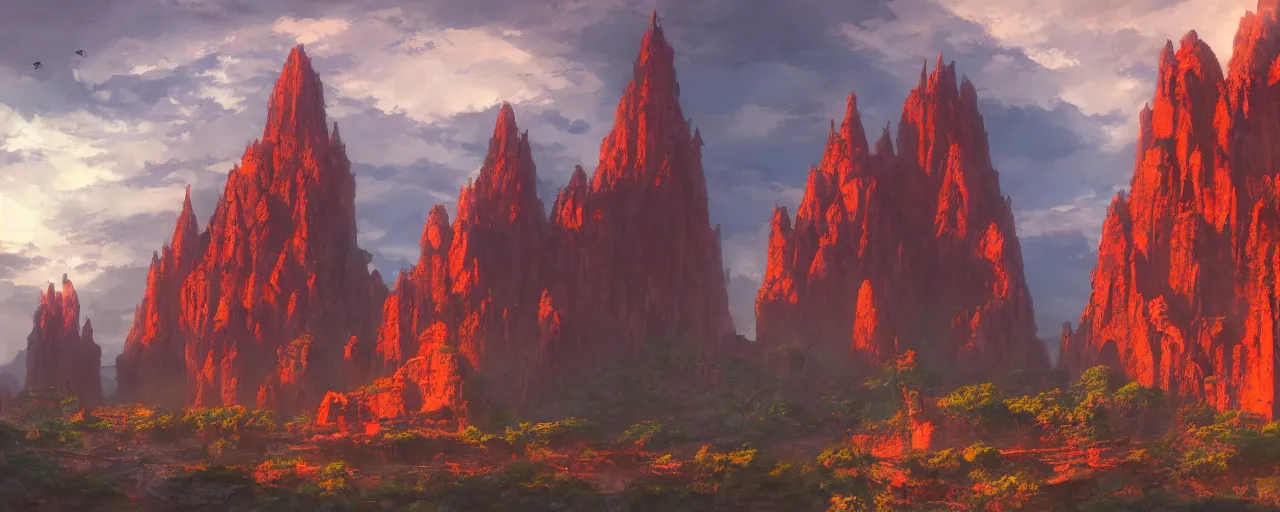 Prompt: cathedral, gothic architecture, carved of red rock, top of a canyon, vultures, concept art by studio ghibli and eddie mendoza, atmospheric, moody, dappled evening sunlight, dramatic clouds, cinematic, volumetric lighting, 8K