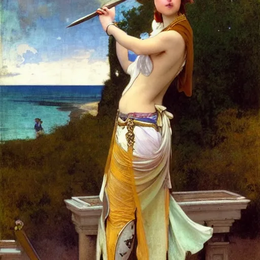 Image similar to A girl with jester clothes and a sword on the front of a Balustrade with a beach on the background, major arcana clothes, by paul delaroche, alphonse mucha and arnold böcklin arnold böcklin hyperrealistic 8k, very detailed