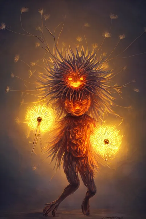 Prompt: a glowing humanoid figure dandelion monster with large glowing eyes, surrounded by elemental flames, highly detailed, digital art, sharp focus, trending on art station, artichoke, anime art style