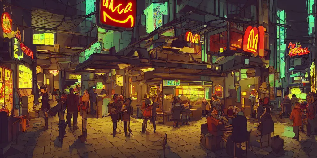 Image similar to a busy backalley cyberpunk mcdonalds by kirokaze, coherent, golden arches, burger place