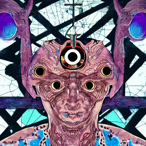 Image similar to portre of an autistic demon on acid, masonic and kabalistic symbols in background, digital art, 8k, delicate details