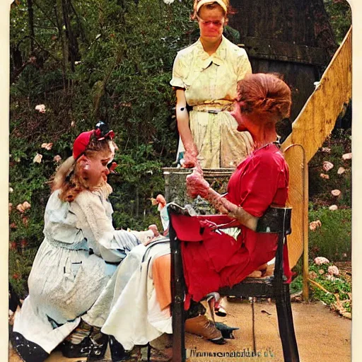 Image similar to The Three Fates weaving the lives of countless souls, artist is Norman Rockwell,