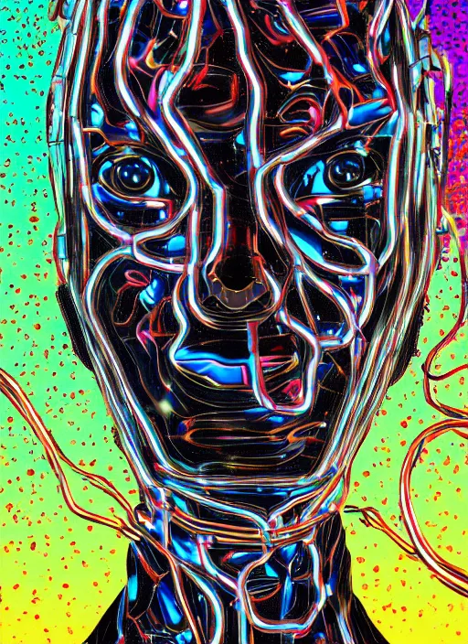 Image similar to extreme long shot, kodachrome, melting face, cyberpunk 2 0 y. o model girl, black reflect robe, wrapped in wires and piones, clear blue sky vintage style, looking straight ahead, in the style of yayoi kusama, technicolour, lineart, artstation