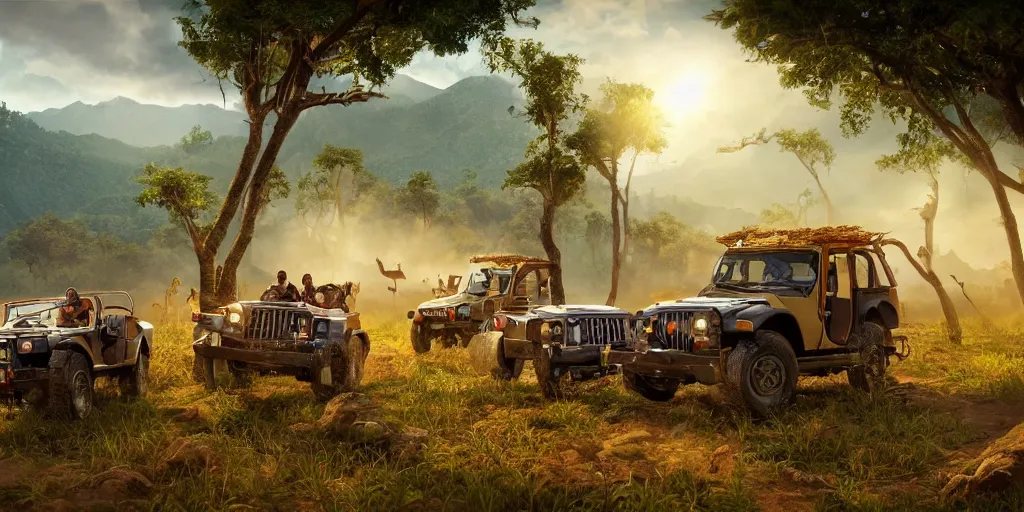 Prompt: Mahindra thar, tribe members attacking, action scene, Lively sunny landscape of a kerala village realistic detailed digital art by Maxwell Boas Jessica Rossier Christian Dimitrov Anton Fadeev trending on Artstation CGSociety rendered in Unreal Engine 4k HQ