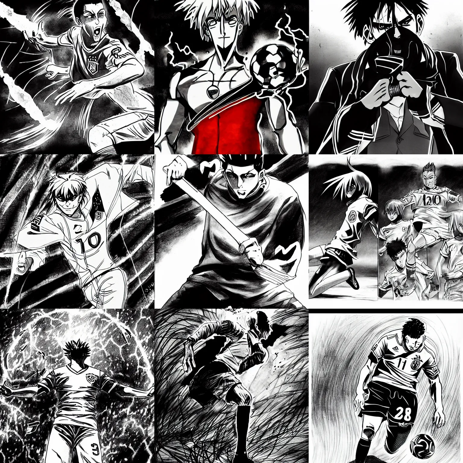 Prompt: o brasileiro ronaldo fenomeno marcando um penalty no final da copa do mundo, van hellsing anime. dramatic lighting, anime style, pencil and ink manga drawing, centered in panel